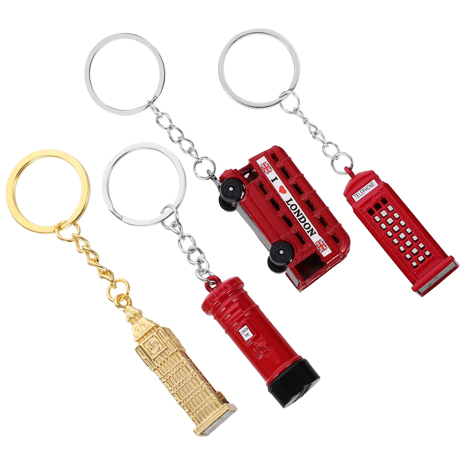 4pcs London Theme Key Chain Set Bus Keyring Souvenirs Keychain Telephone Booth Postbox Key Holder Set