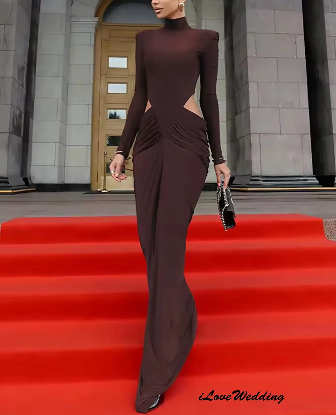 ハイネックエレガントなイブニングドレス 2025 長袖フォーマルガウンプリーツウエディングドレスマーメイド女性パーティードレスガラカスタマイズ