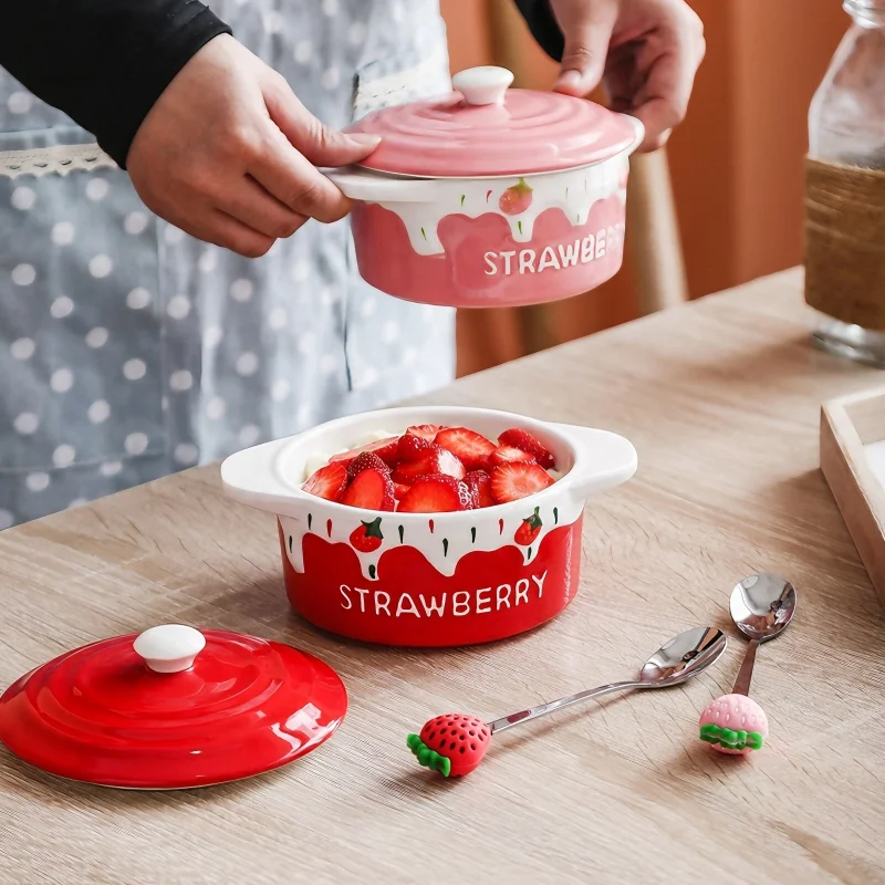 5 inch, embossed porcelain dinner bowl with lid, strawberry design, porcelain fridge fruit bowls, saladiers, kids cereal bowl