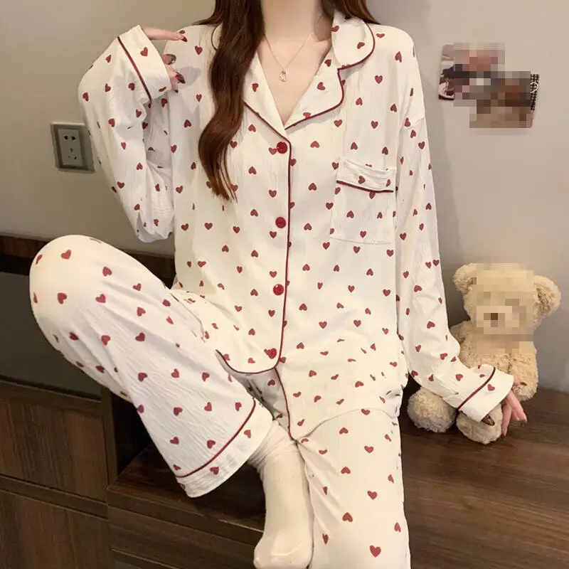 Spring Autumn New Women Simple Light Luxury Fashion Skin friendly Comfort Casual Long sleeved Pajamas Two piece Home Clothes Set