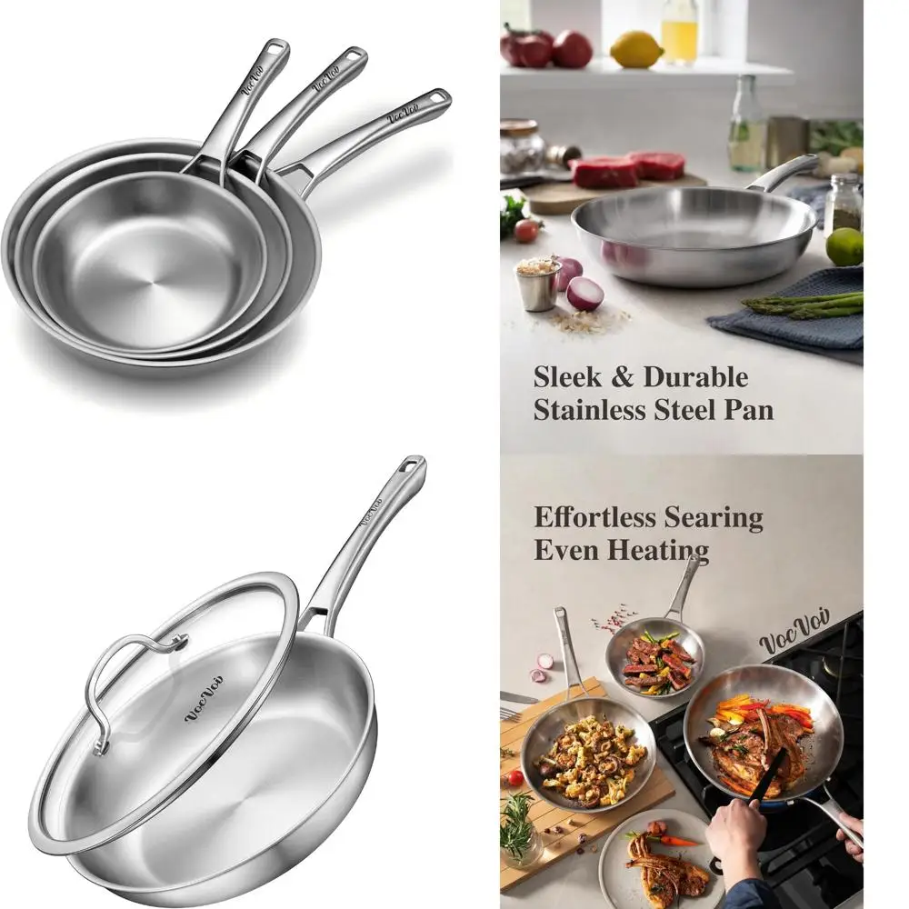 

Stainless Steel Frying Pan Set, PFOA and PTFE Free, Chef's Skillets for Cooking, Induction Compatible, 8, 10, and 12 Inch Pans