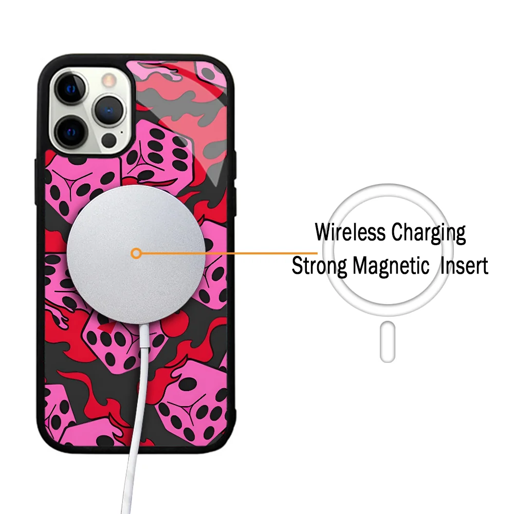 Flaming Dice Pink Phone Case For IPhone 11 12 13 14 15 Plus Pro Max Mirror Acrylic Cover For Magsafe Wireless Charging