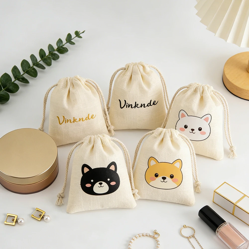 

Natural Linen Drawstring Pouch with Custom Logo Eco-Friendly Cotton Small Jewelry Storage Bag for Ring Earring Wedding Favor