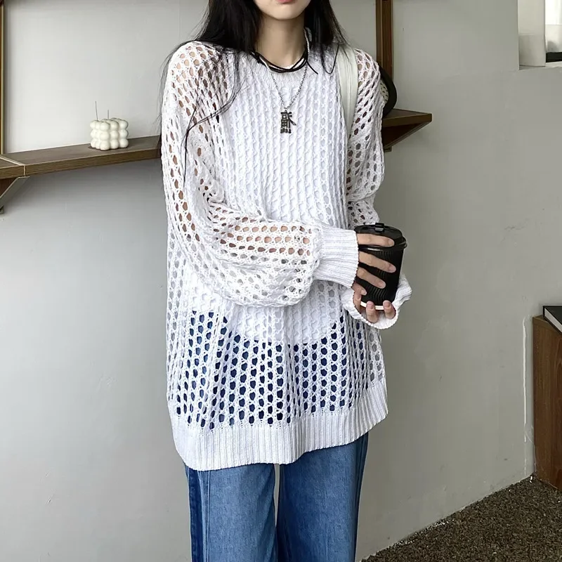 Long Sleeve Hollow Out Loose Sunscreen Shirts Women O Neck Knitted Covers Up Spring Dustcoat Thin Casual Autumn Solid Long Tops