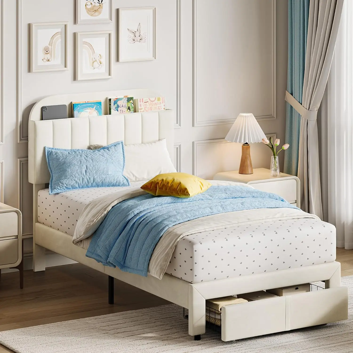Twin Bed Frame Velvet Upholstered Platform Bed with Bookcase Headboard for Kids Girls Heavy Duty Steel Support Legs EasyAssembly