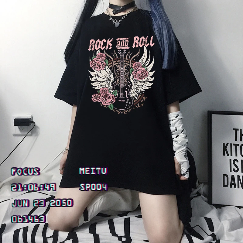 Frauen T-Shirt Mode Kreative Gitarre Muster Druck Goth Vielseitig T Harajuku Ästhetik Y2k Punk Vintage Lustige Streetwear Top