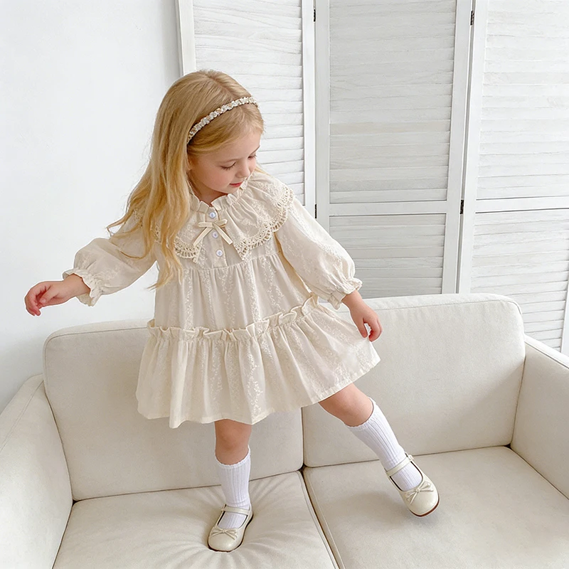 Girls Dress Baby Girls Sweet Girl Dress Ruffle Trim Long Sleeve Dress Lace Collar Going Out Casual Dresses Gift Little Clothes