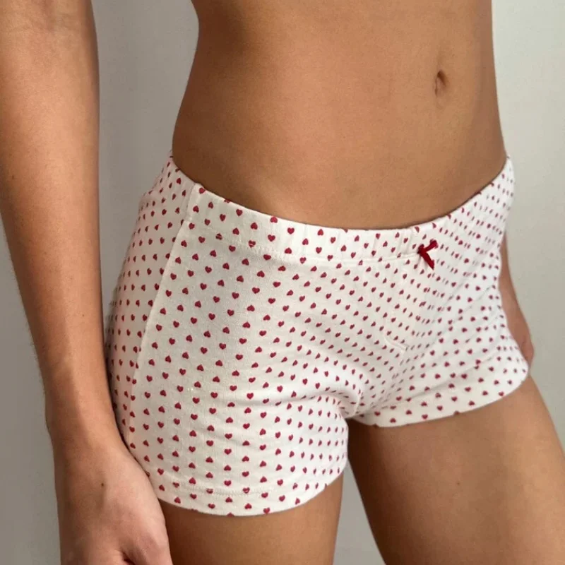 Women Boy Shorts Y2K Cute Boxer Shorts Heart Print Low Rise Micro Pajama Shorts Slim Fit Lounge Bottoms Pj Booty Shorts ﻿