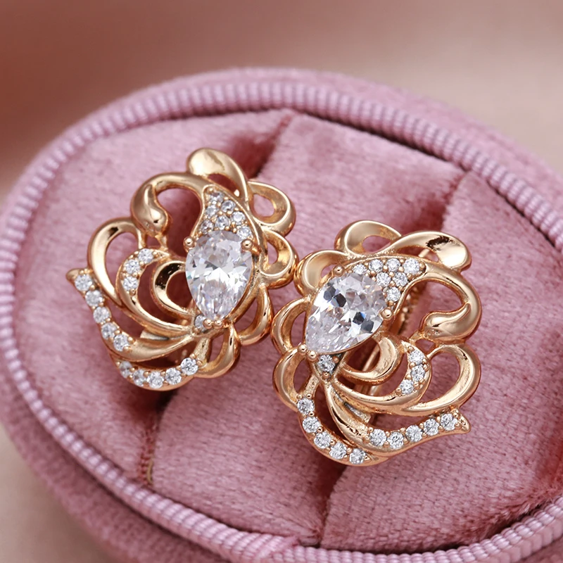 New Style Hollow Flower Zircon Earrings 585 Rose Gold Glossy Women Earrings Zircon Piercing Hoops Luxury Wedding Golden Jewelry