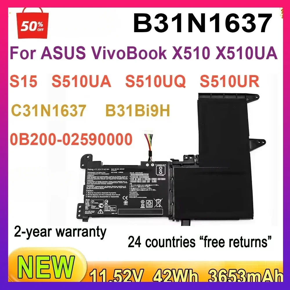 New B31N1637 Laptop Battery for ASUS VivoBook S15 S510UA S510UR S510UQ S510UN Series Notebook C31N1637 0B200-02590000 B31Bi9H