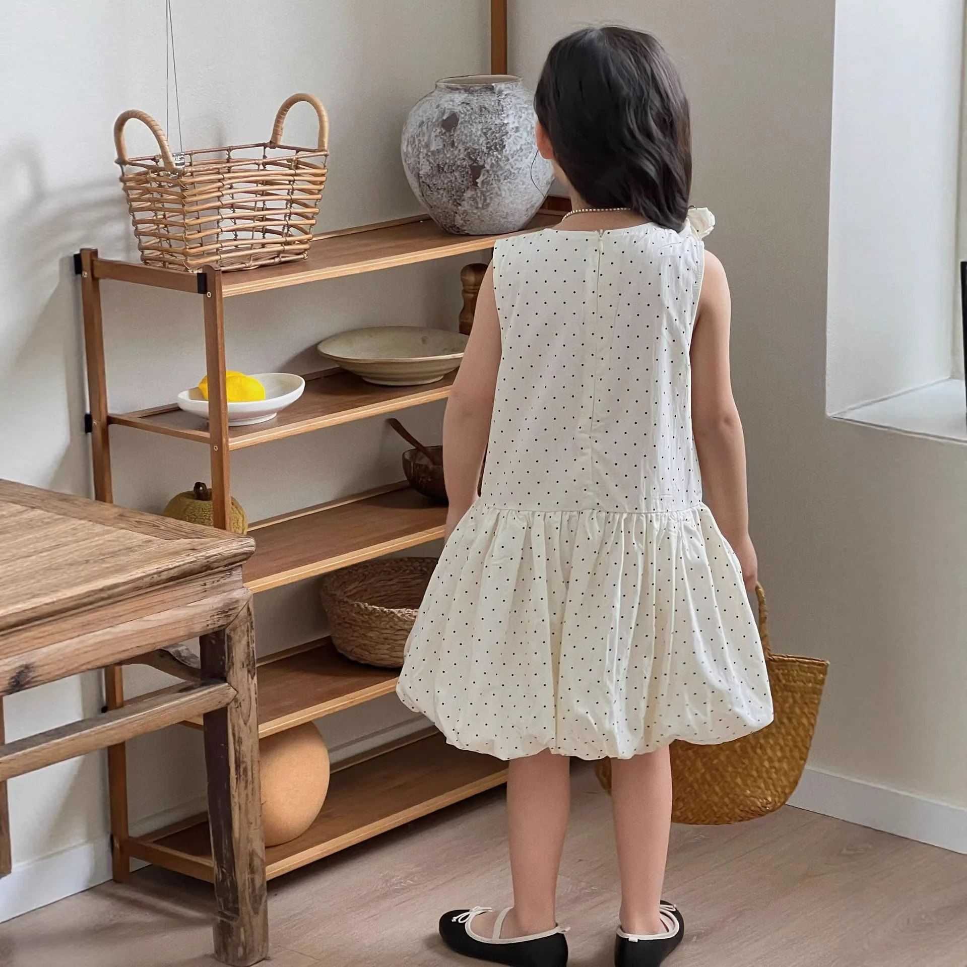 Forest style girls' 2026 spring and summer new polka dot suspender dress with a stylish A-line short skirt