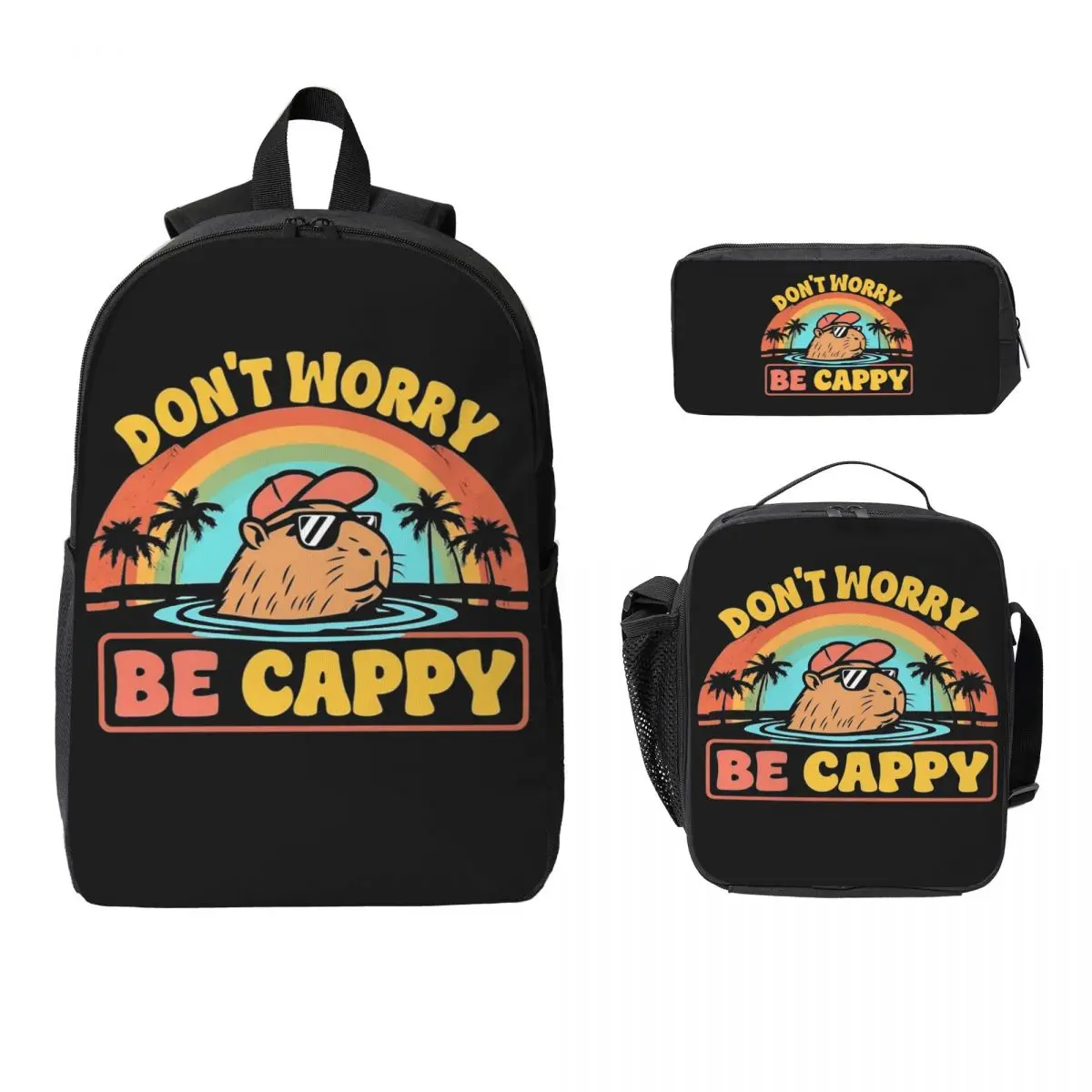 

Embrace The Capybara Craze Don't Worry Be Cappy Backpack Student Boy Girl BookBag School Bag 3ps Insulated Lunch Bag Pencil Case