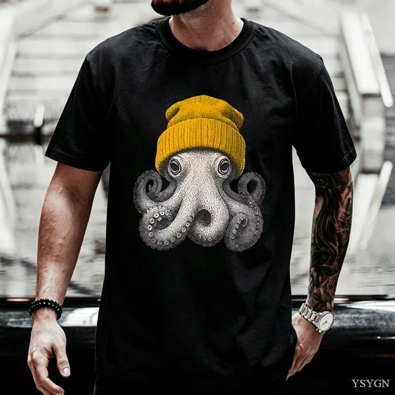 Cute Octopus Beanie T Shirt Ocean Animal T-Shirt Vintage Octopus Tees Casual Round Neck Printed Cotton Short Sleeve Tshirts Tops