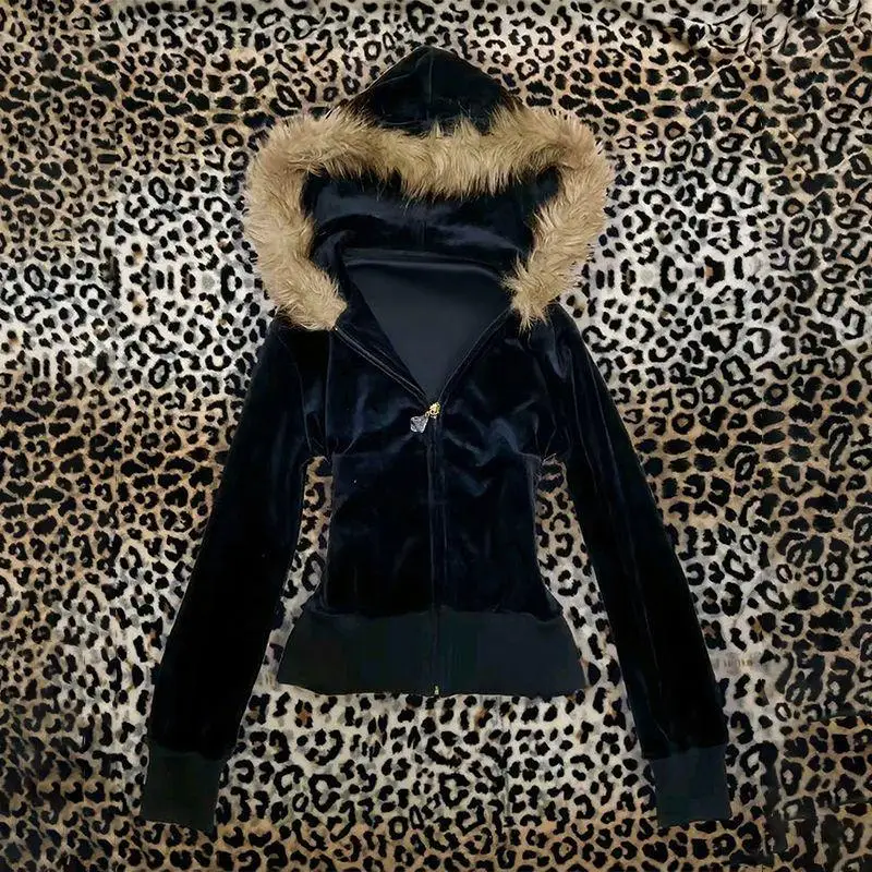 Hoodie Coat Women Punk Hooded Sweatshirt Fur Collar Jacket Zipper Pockets Female Streetwear Vintage Outerwear Spring 2026