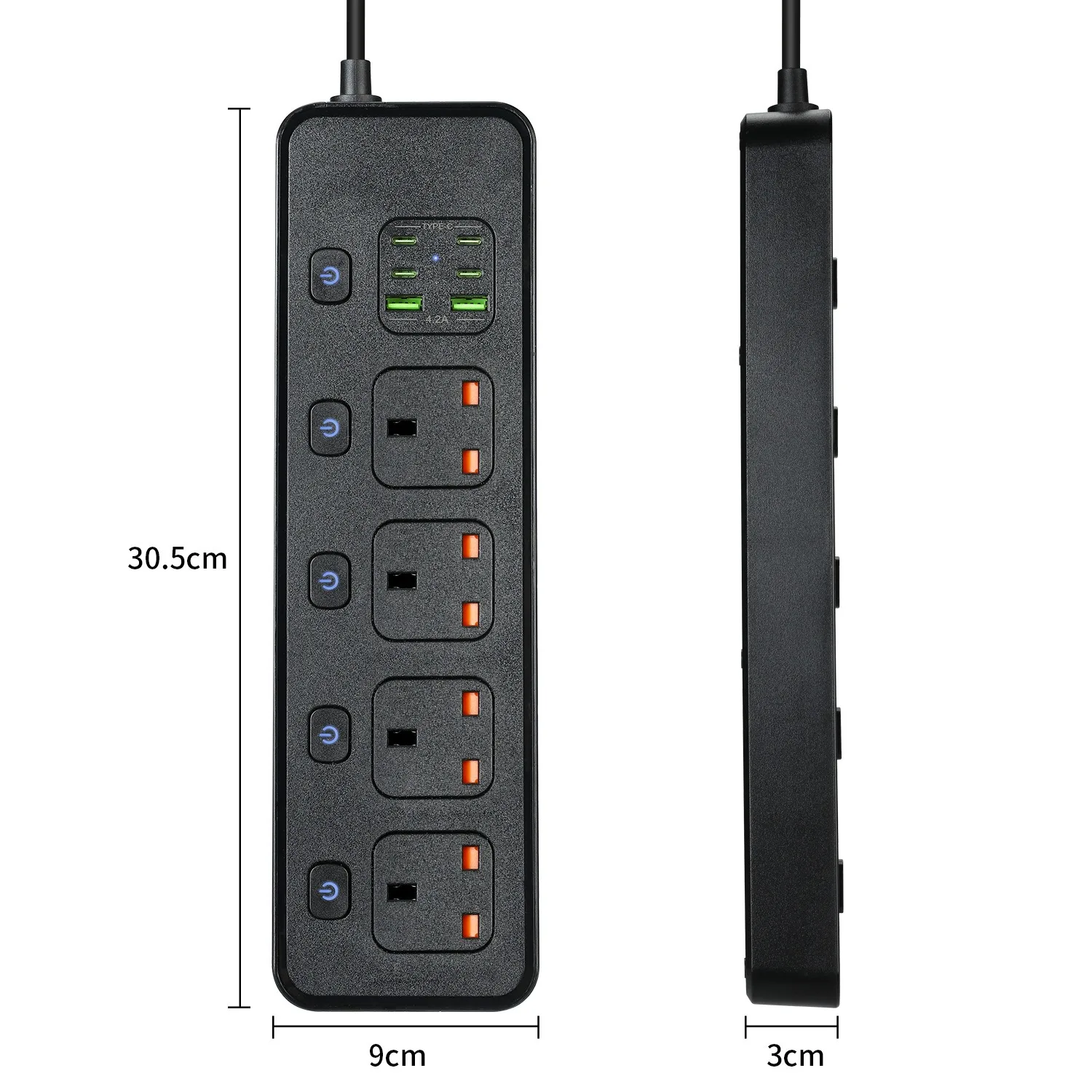 Listwa zasilająca Gniazdo elektryczne UK MY SG z 3USB TypeC PD30W 13A 2500W Przedłużacz zabezpieczający przed przeciążeniem Gniazda elektryczne 1,2m