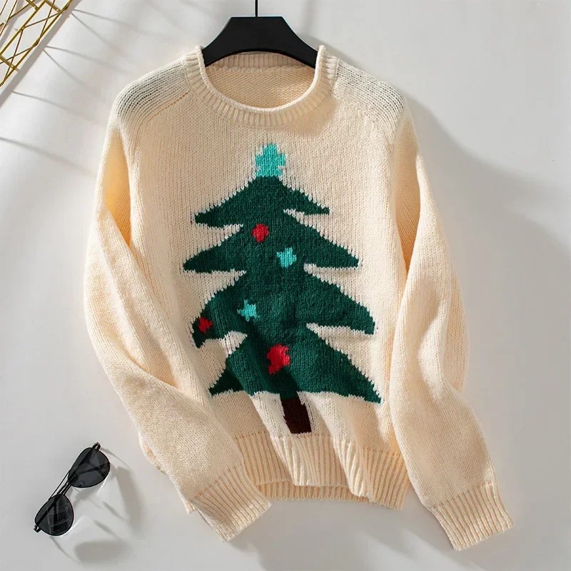 Ueteey Knitted Sweater for Women Autumn Winter O Neck Christmas Tree Pattern Pullover Womens Long Sleeve Oversized Sweaters