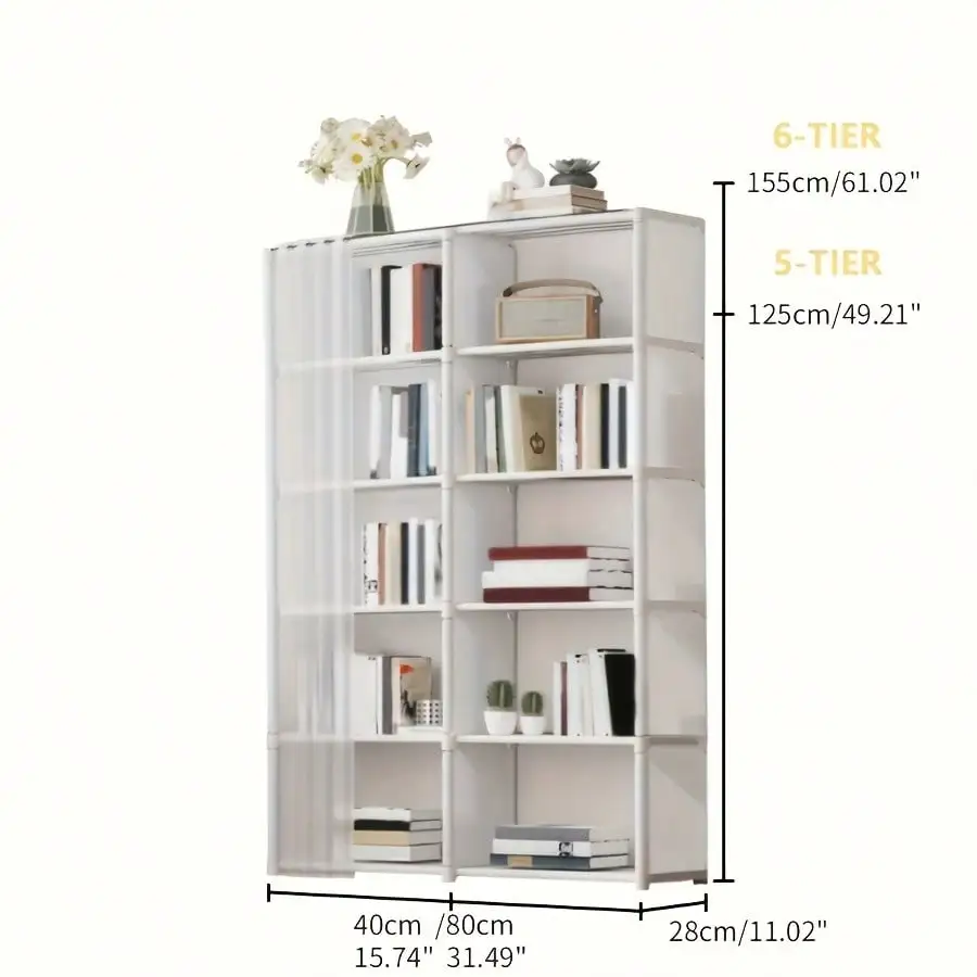 Multi-Layer Book Storage Rack with Easy Assembly, Dustproof Wardrobe Organizer Cabinet, Space Saving Storage Shelf for Office Classroom Dormitory Rental Room, White/Black