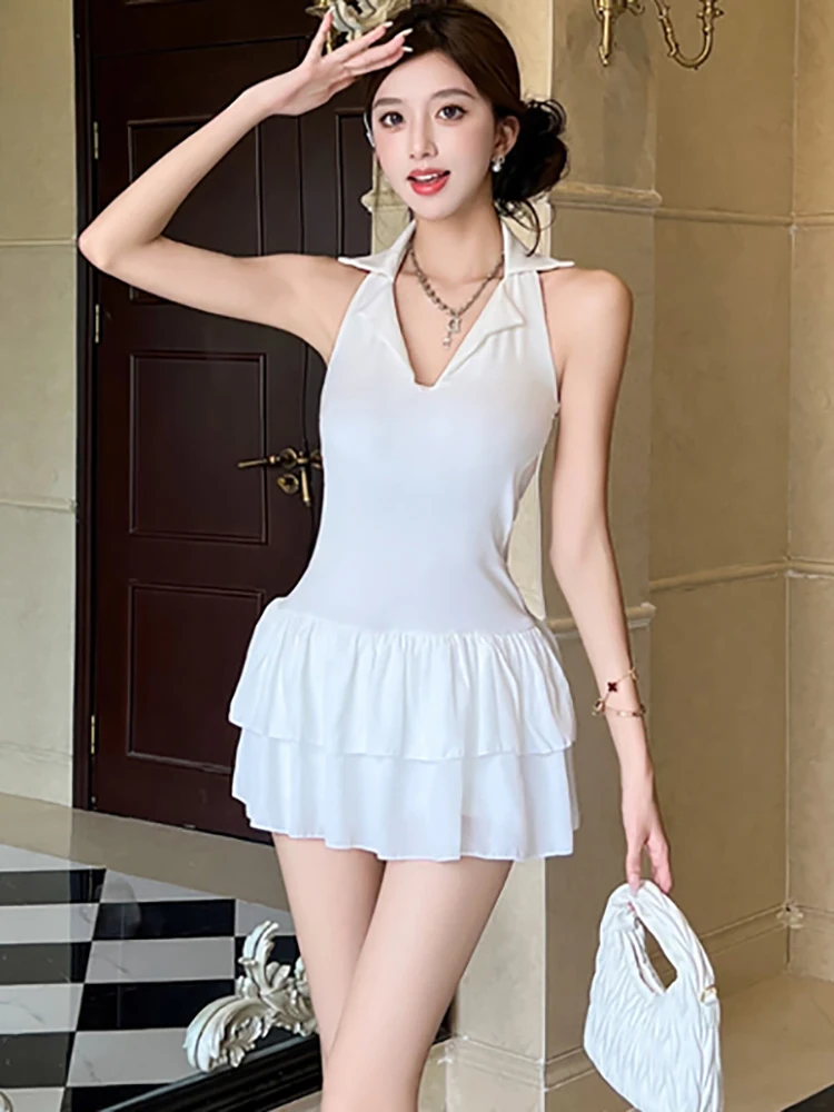 

Летнее белое вязаное лоскутное мини-платье с рюшами, женское шикарное повседневное платье без рукавов с воротником-поло, 2320, корейское элегантное праздничное платье