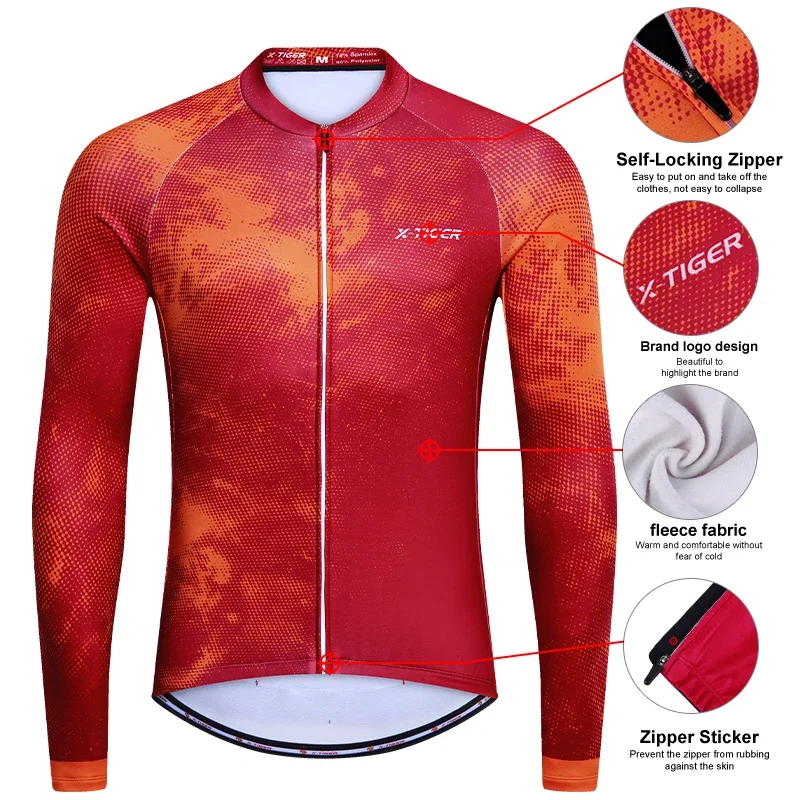 X-TIGER Men\'s Cycling Jersey Red Winter Thermal Long Sleeve Cycling Shirt with 4 Rear Pockets Fleece Bicycle Clothes Jeresy