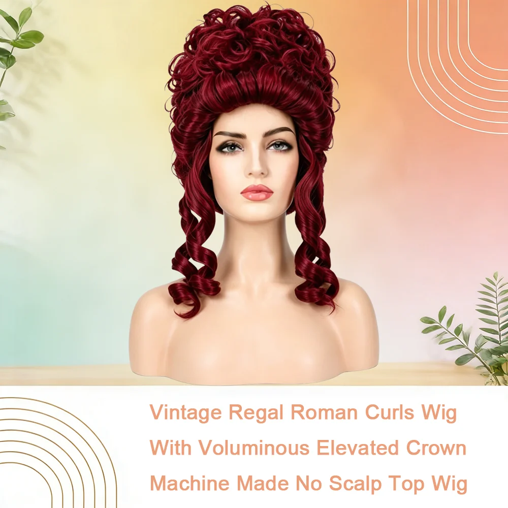 Peluca victoriana color burdeos estilo María Antonieta con corona alta, rizos romanos, estilo barroco rococó para mujeres, cosplay, fiesta de Halloween