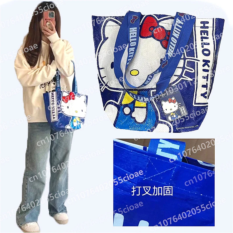 Cartoon Blue Hellos Kittys Printed Shopping Bag Eco-friendly Hand Woven Bag One Shoulder Kawaii Shopping Bags for Girls