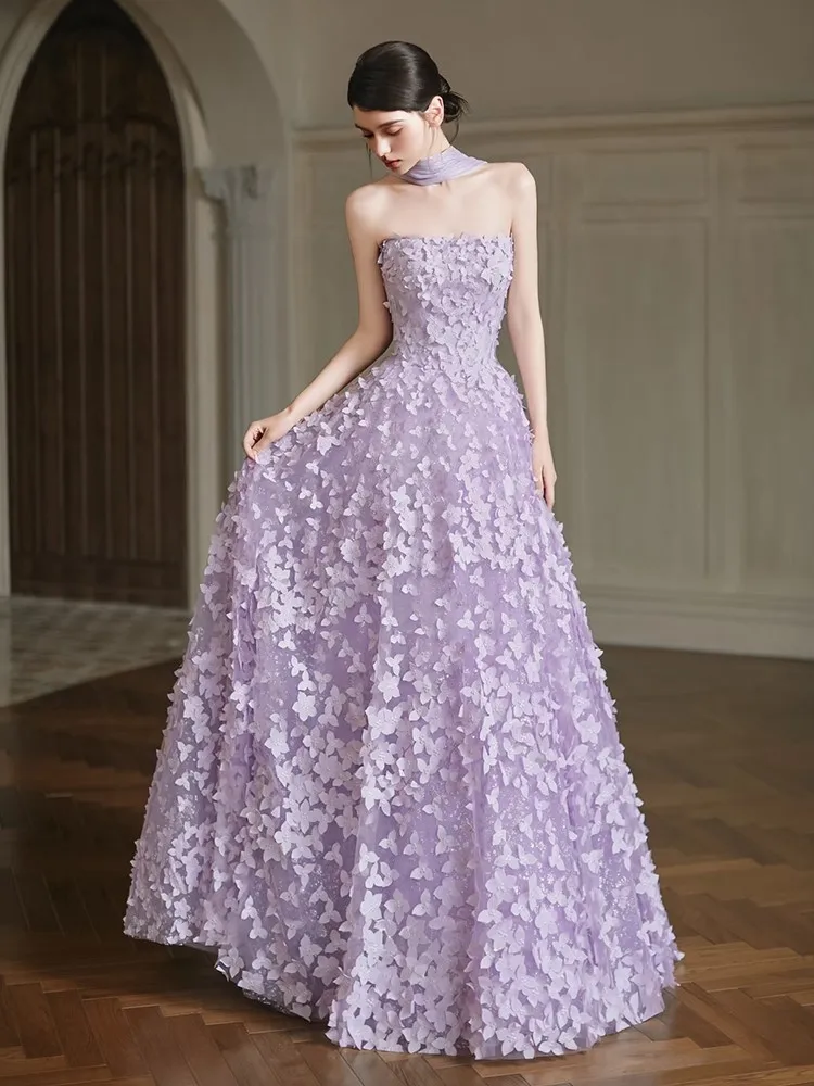 

Purple flower light luxury niche toasting host art examination coming-of-age ceremony dress