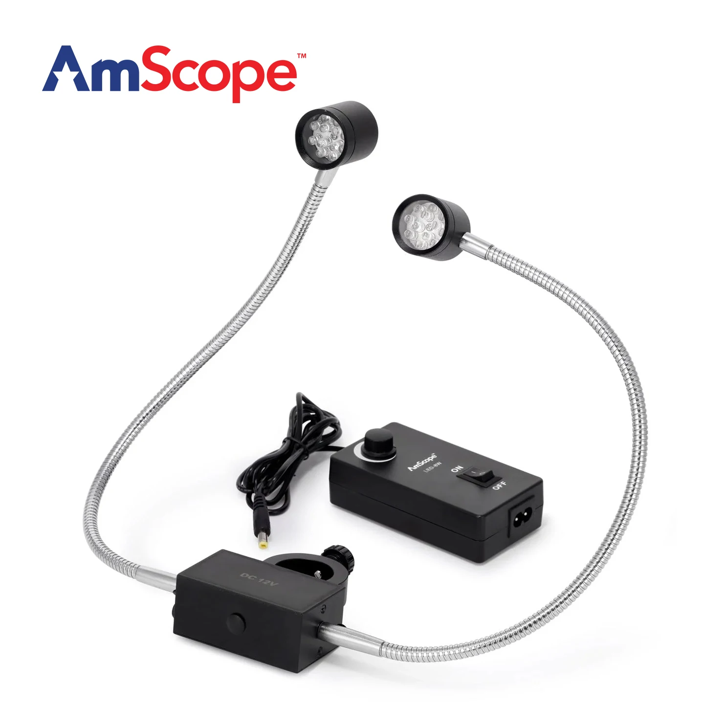 AmScope 8W LED Pillar Clamp Dual Gooseneck Illuminator for Stereo Microscopes