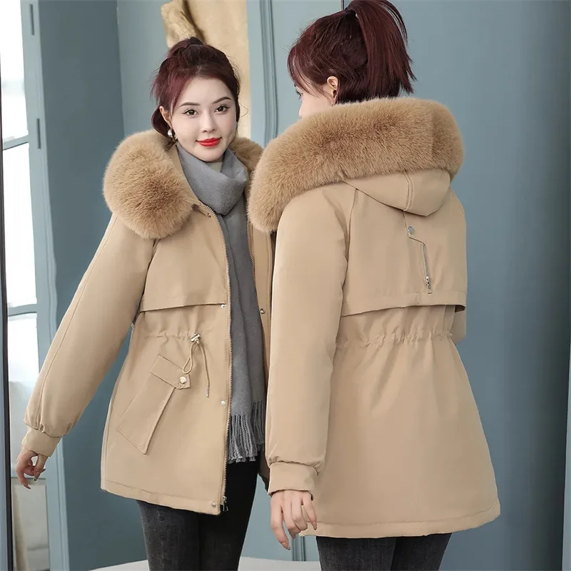 

Women Parka Fashion Long Coat Wool Liner Hooded Parkas 2025 New Winter Jacket Slim with Fur Collar Warm Snow Wear Padded Clothes