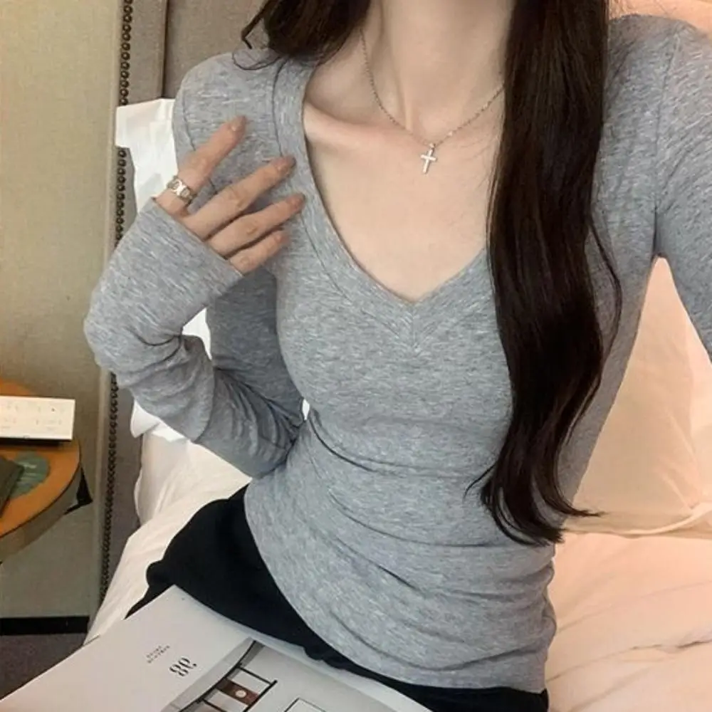 

Soft Simple V Neck Slim T Shirt Threaded Base Blouse Tight Top Women All-match Undershirts Long Sleeve T Shirt Women
