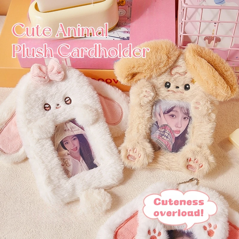 Cute Animal Plush Cardholder with Chain, Kawaii Soft Plush Wallet for Cards, Transparent ID Holder, Adorable Keychain Card Case