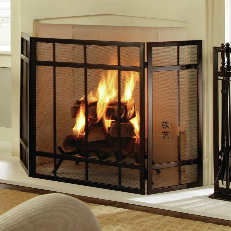 Simple black home  wrought iron fireplace three-fold screen decoration with mesh partition fireproof fireplace bar new