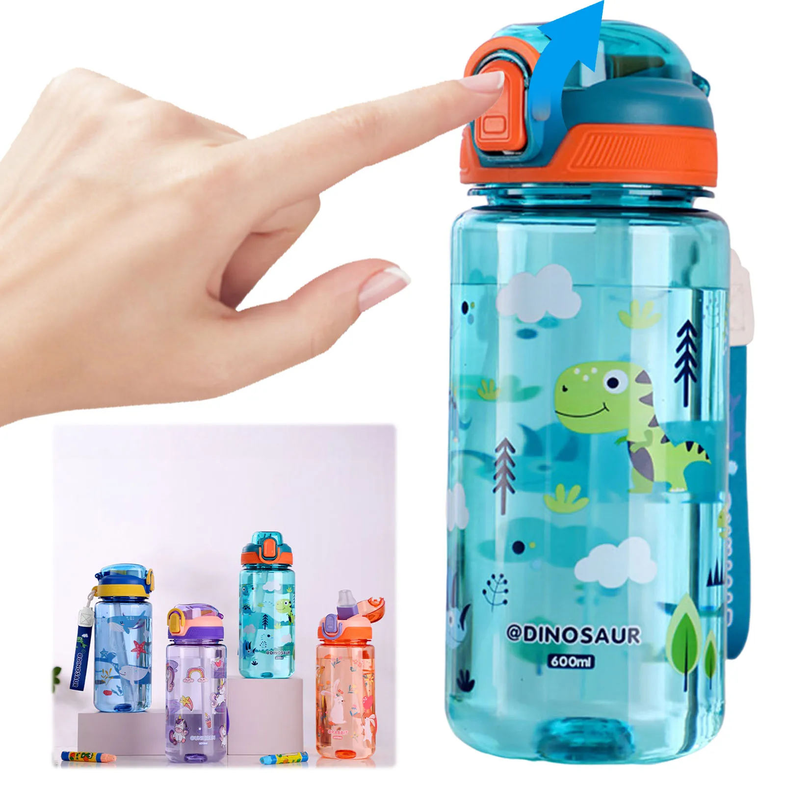 

600ml Dinosaur Water Bottle with Silicone Straw Portable Straw Cup Large Capacity Trendy Drinkware Outdoor Summer Water Cup