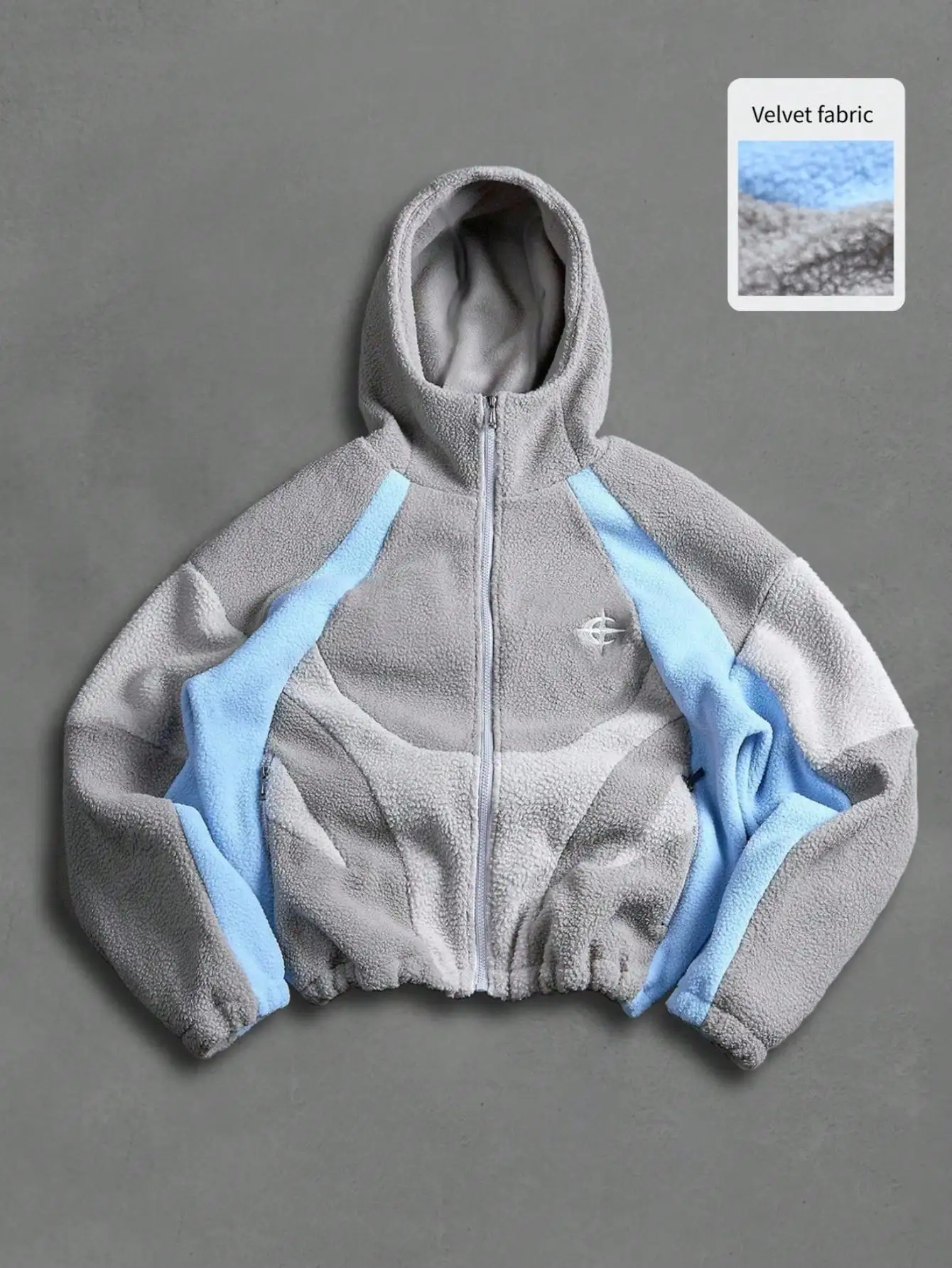 

Gray & Light Blue Contrast Patchwork Zip-Up Hooded Cropped Fleece Jacket for Men