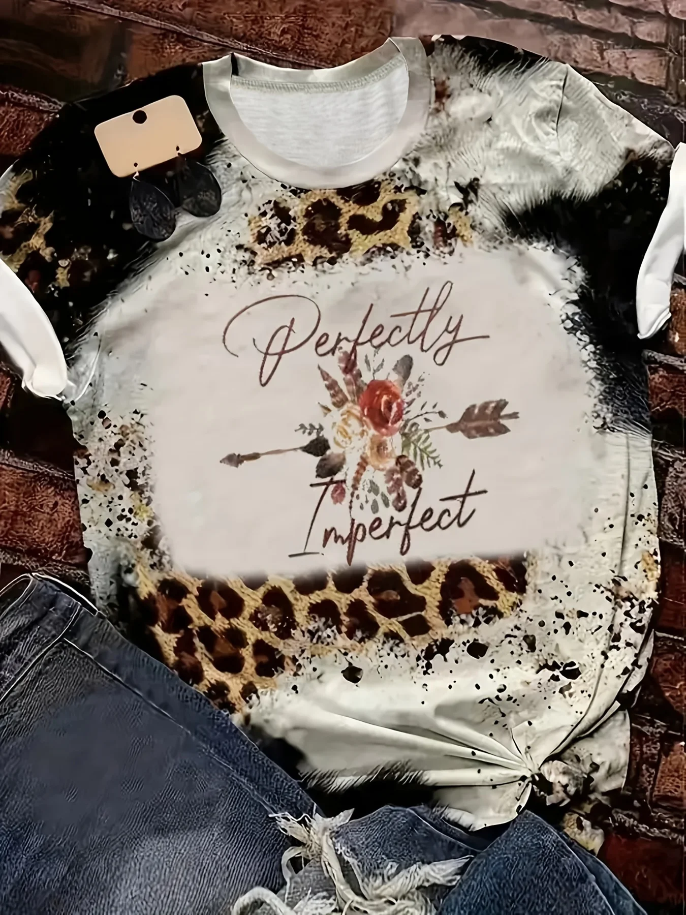 

Women's Tee - "Perfectly Imperfect" Floral Arrow Graphic, Boho Leopard Print Design for Casual Daily Wear
