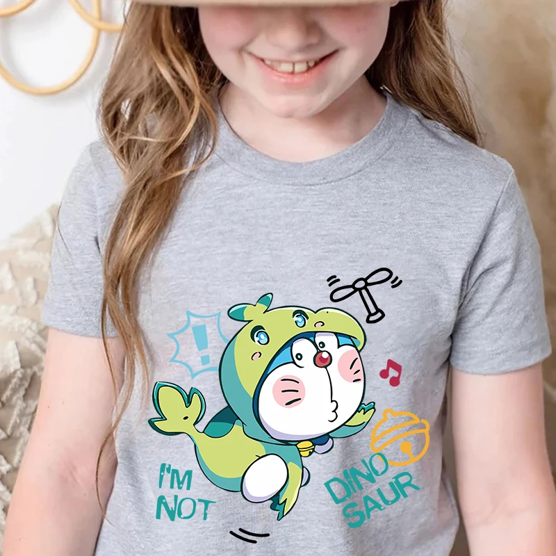 

Детская футболка Doraemon с принтом, летние детские хлопковые серые повседневные топы с коротким рукавом, подходит для мальчиков и девочек