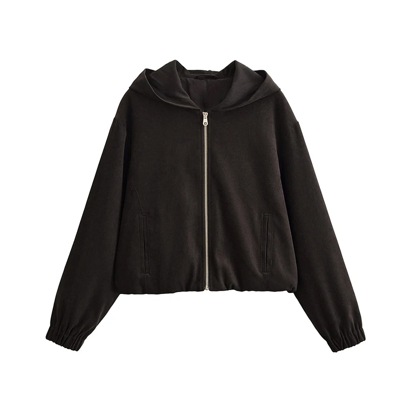 

New Vintage Women Spring Autumn Solid Hooded Bomber Jacket Long Sleeve Casual Crop Outerwear