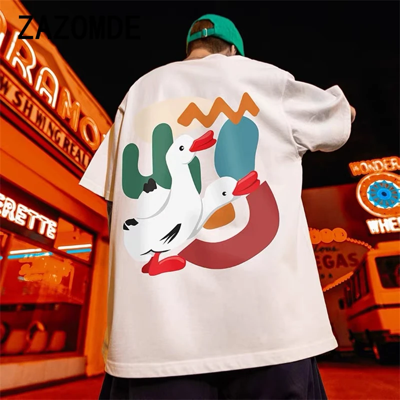 ZAZOMDE Oversize Men Tees Summer Funny Duck Cartoon T Shirt Casual Streetwear Men Short Sleeve Loose Tops Cotton Hip Hop Clothes