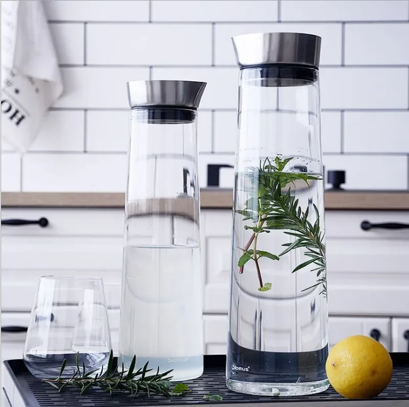 1000mL 1500ml Thickened Glass Big water bottle Juice Pitcher Bottle ith Stainless Steel Lid Carafe Kitchen Refrigerator