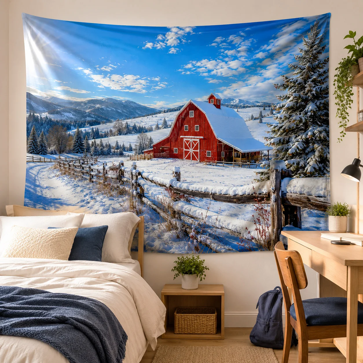 Christmas Pine Tree Landscape Tapestry Wall Hanging Red Barn Farmhouse Large Tapestries Aesthetic Room Decor Winter Gift