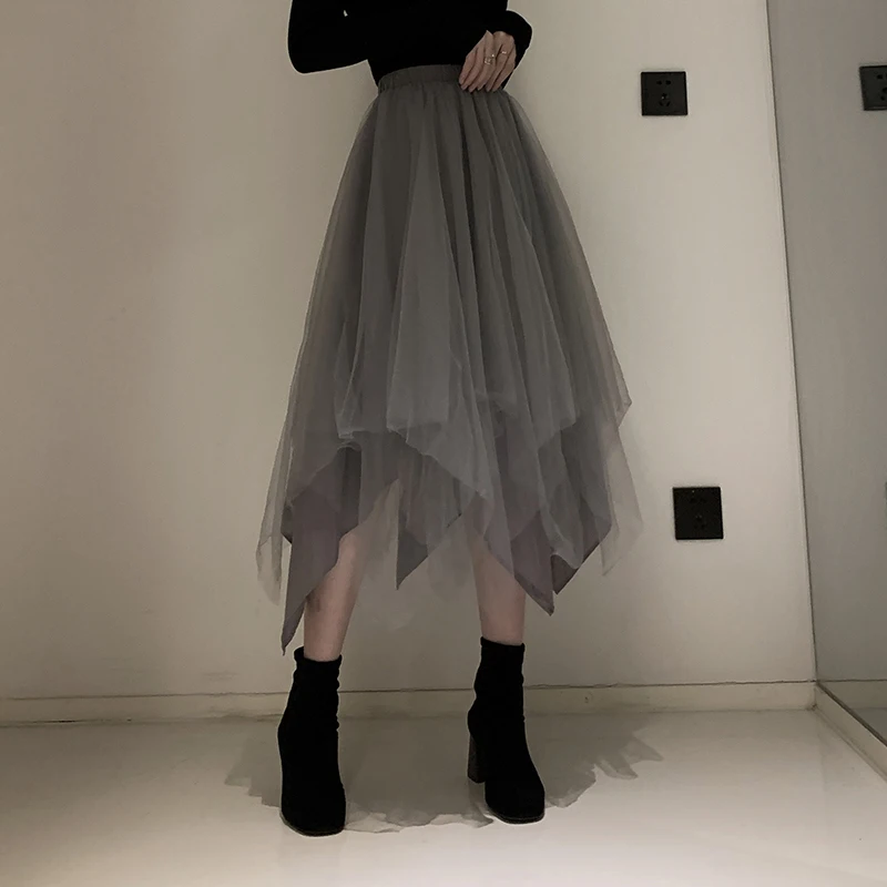 

2025 New High Waist Asymmetrical Tulle Skirt Women's Slimming Design Puffy A-Line f Skirt for Autumn And Winter