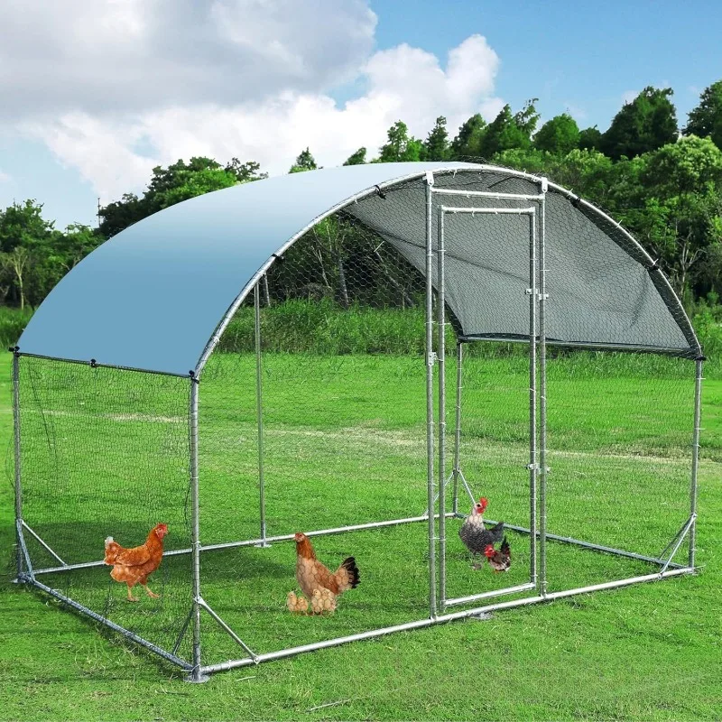Galvanized Steel Chicken Coop Round Top Poultry Cage with Light & Rain Cover