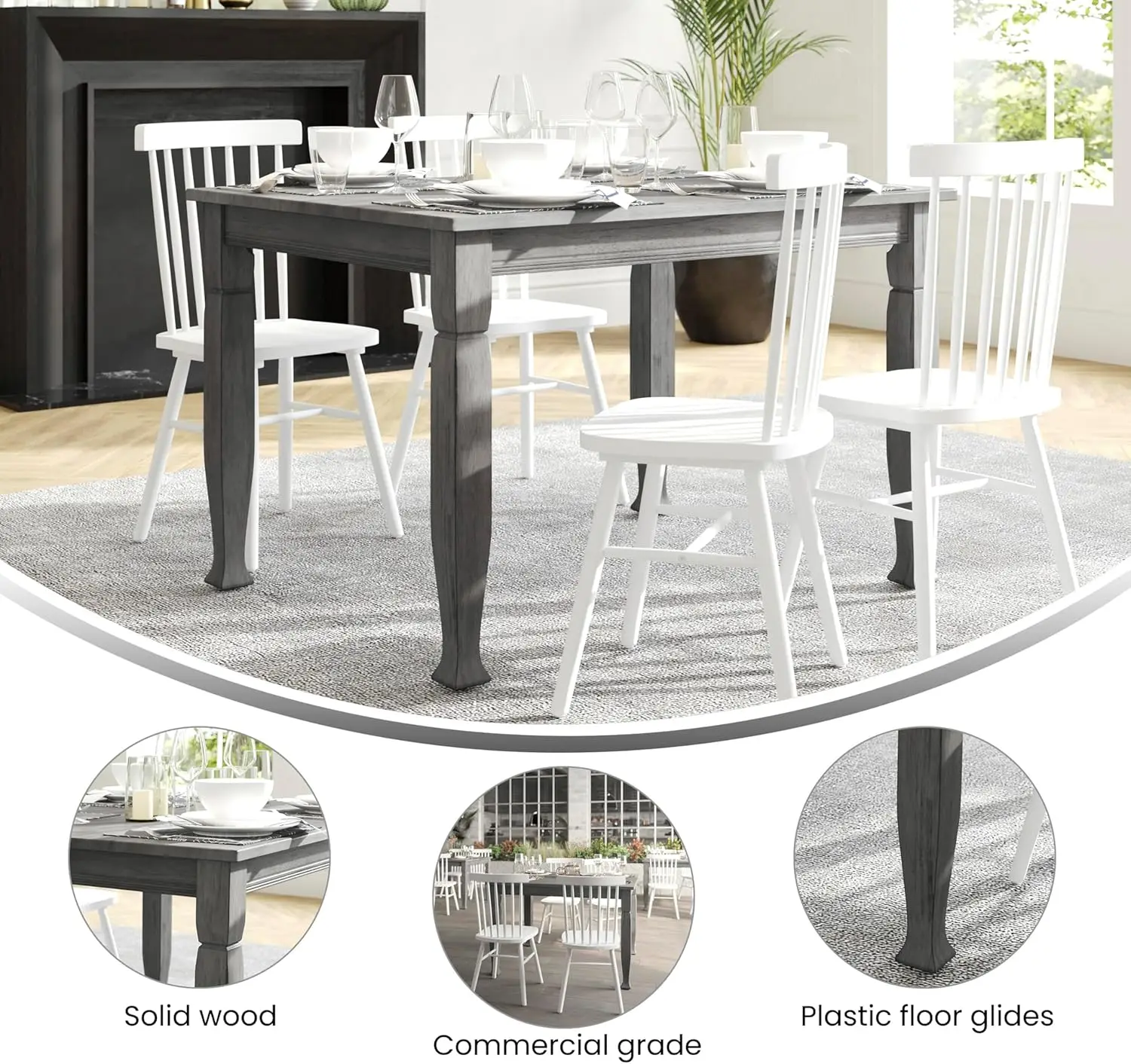 طاولة طعام من الخشب الصلب ميلفورد 47 بوصة EMMA + OLIVER، مريلة بألواح أوفست مقاس 3 بوصات، أرجل ملفوفة، لمسة نهائية مقاومة للماء، متينة لـ Eve