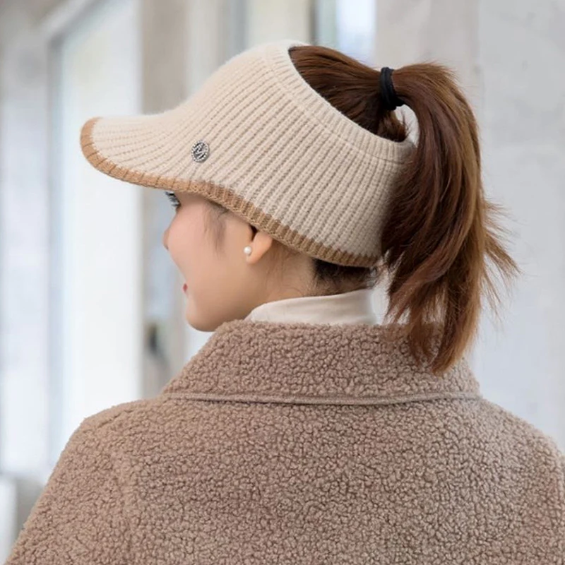 Knitted Flat Empty Top Cap 2022 Autumn Winter Outdoor Hollow Ponytail Hats for Women Girls Blank Peaked Caps Snapback Cap