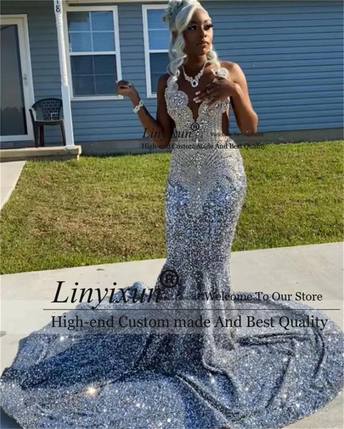 Silver Mermaid Prom Dress For Black Girls Crystals Rhinestones Sexy Long Formal Evening Party Gown Court Train Robe De Soirée