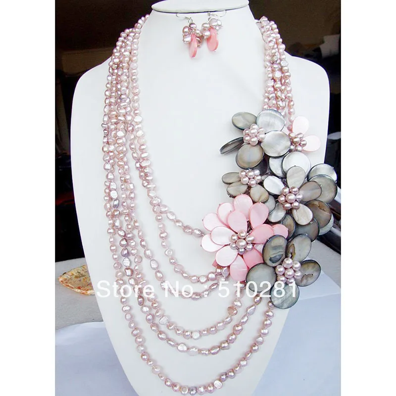 Mother  of shell flower cluster jewelry !!! 6strands pink pearl chain fashion waterfull  necklace