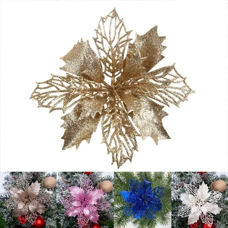 G92C 9cm Glitter Poinsettia Poinsettia Flower Decoraciones árboles Navidad para adornos coronas Navidad Fiesta