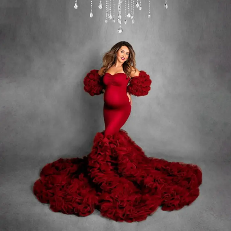 Gorgeous Red Mermaid Maternity Dresses Sweetheart Ruffle Short Sleeve Maternity Gowns Pregnancy Women Robes for Photoshoot