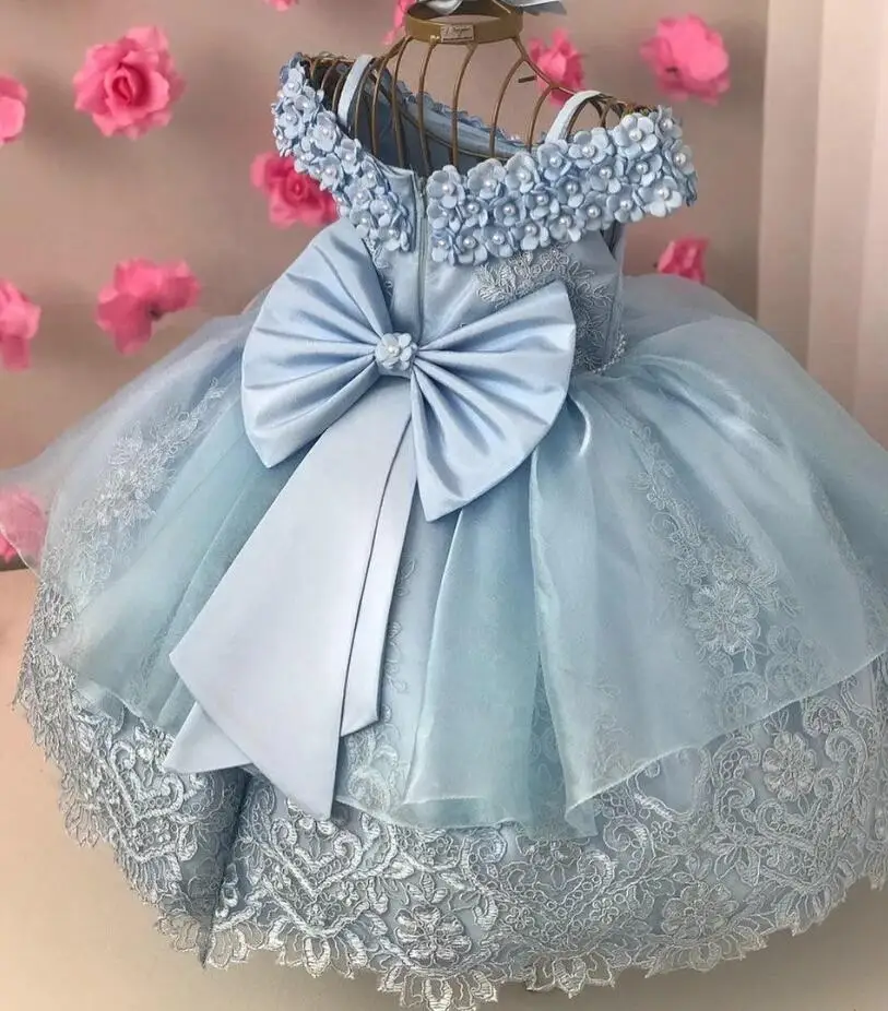 

Sky Blue Lace Tulle Floral Baby Girl Dresses Beaded Toddler Pageant Gowns Big Satin Bow Kids First Birthday Party Gowns