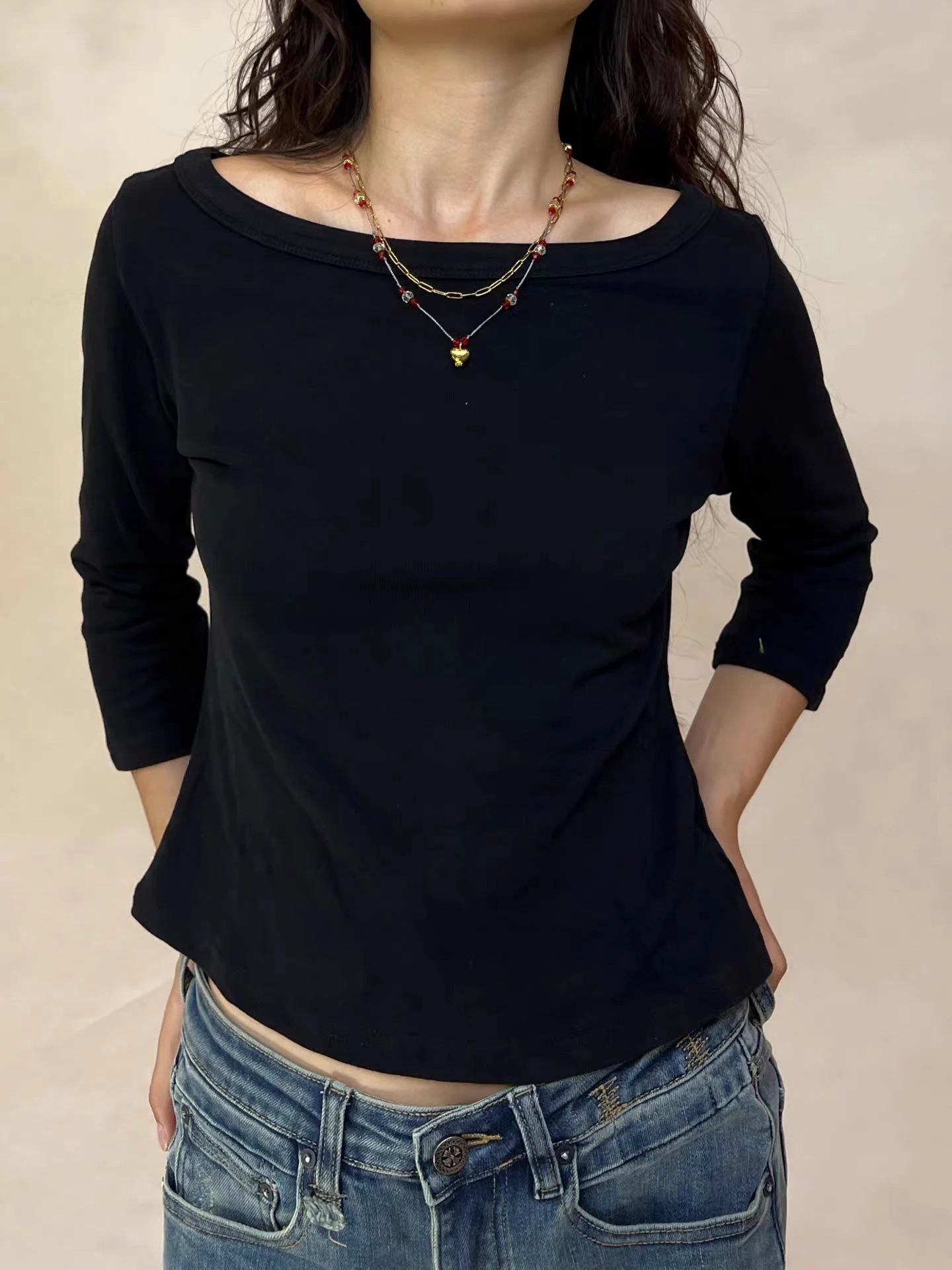 Solide Grund Hülse Mit Drei Vierteln T-shirts Frau Herbst Slash Neck Baumwolle Schlank Crop Top Weibliche Casual Einfach Alle-spiel t-shirts – Detail 5