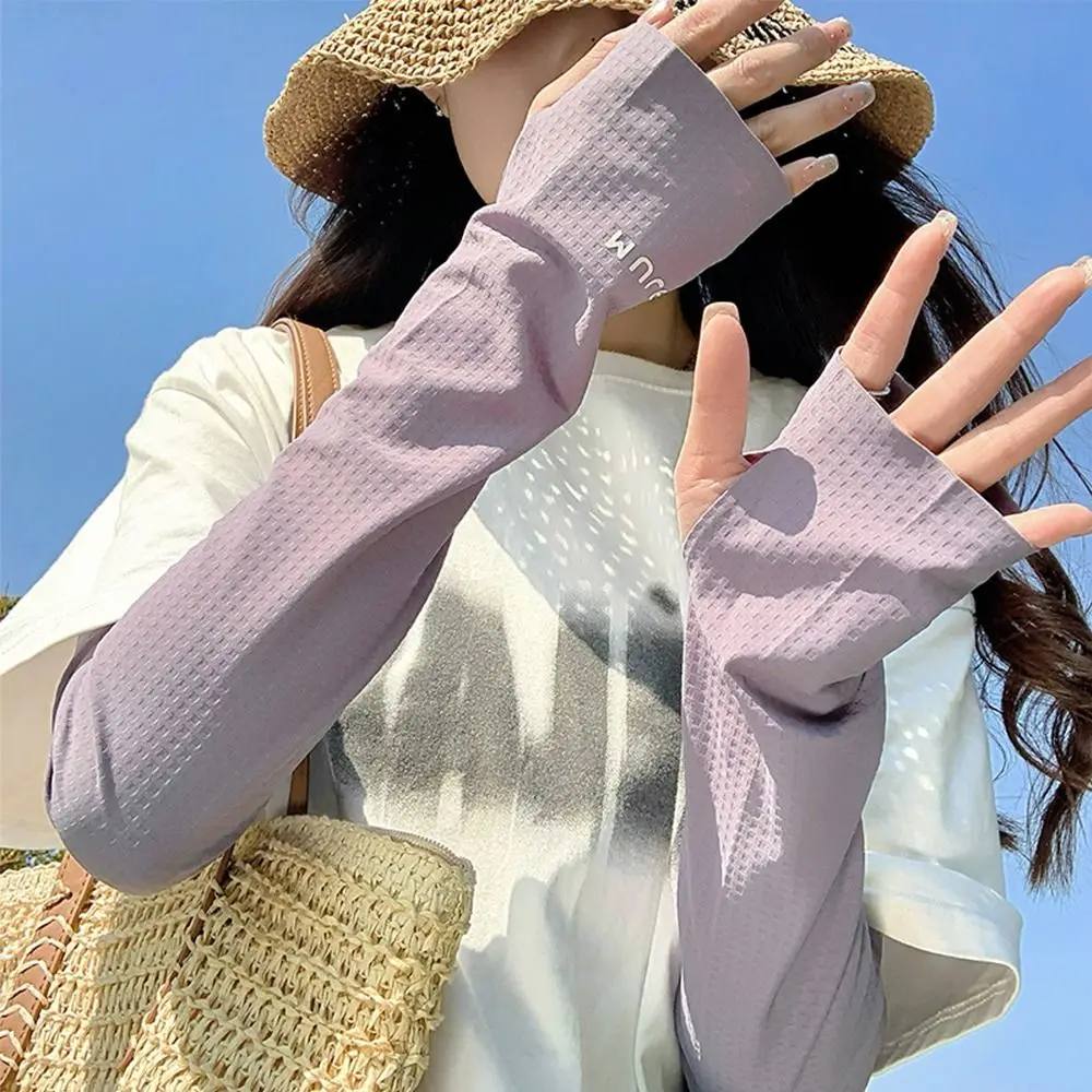 Trendy Anti-UV Ice Silk Sleeves Loose UPF 50+ Sunscreen Sleeves Breathable Arm Protectors Long Mittens for Women